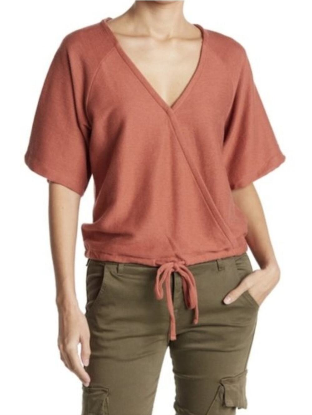 Madewell Weathered Brick Drapey Ottoman Jacquard Wrap Short Sleeve Top Size M